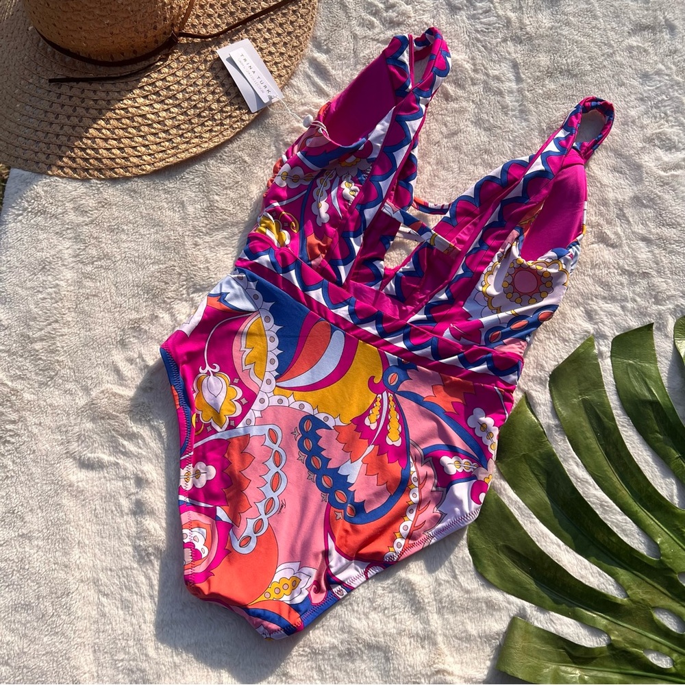 Trina Turk Sevilla Plunge One-Piece Swimsuit Pink Size 8 - Picture 6 of 9